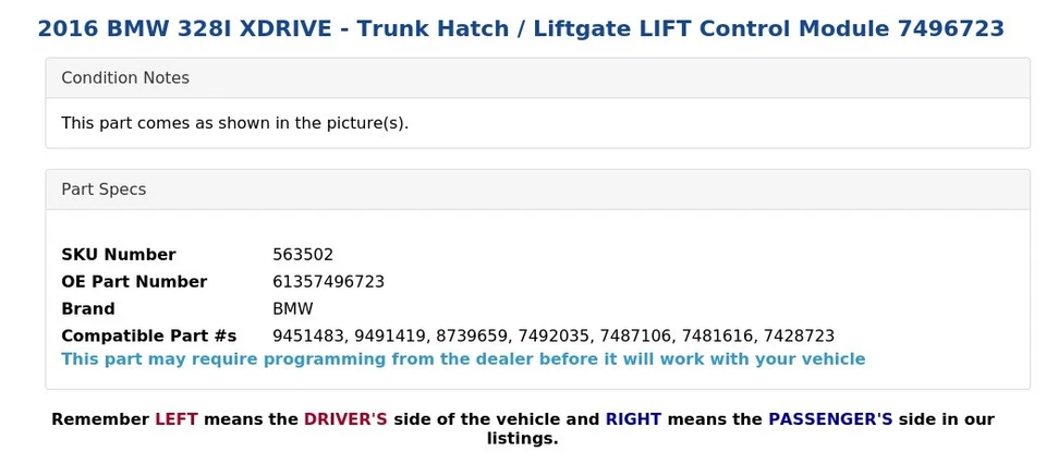 2016 BMW 328I XDRIVE - Escotilha de porta-malas/módulo de controle Liftgate 7496723 - Imagem 3 de 4