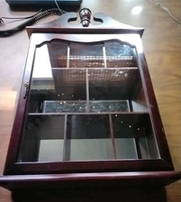 Vintage Victorian Cherry Wood and Glass Wall Display Case Curio Cabinet Mirrored