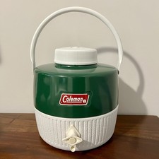 Vintage Coleman 1 Gallon Metal Water Cooler Jug Green & White W/ Lid & Cup, USA