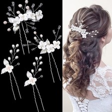 4 PCS Bridal White Flower Hair Pin Pearl Rhinestone Fork Wedding Accessory