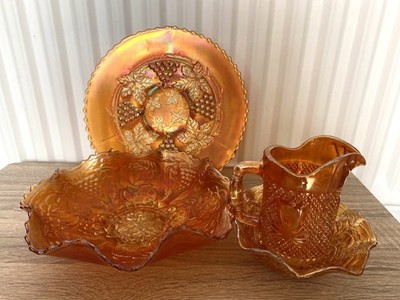 Fenton Orange Glas Antik Set 2X Schalen Kanne + Kuchenständer Karneval Ringelblume 1919