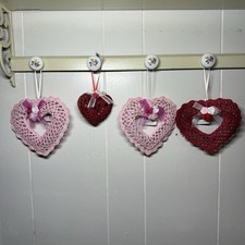 Vtg 2008 Jo-Ann Crochet Heart Ornaments Set of 4 Pink Red Valentines Day Decor