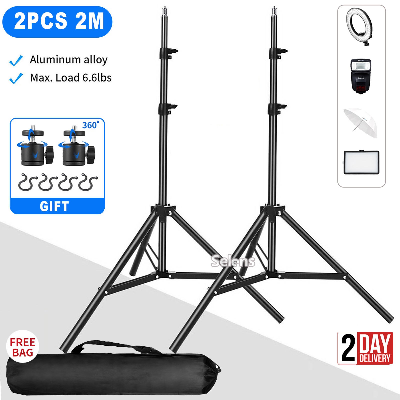 2PCS 79"" 2M Light Stand Tripod Adjustable Photography LED Flash Photo Studio Bag