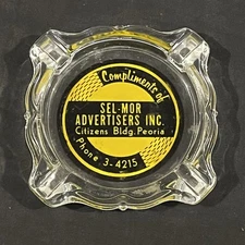 Vintage Glass Ashtray - Sel Mor Advertisers Peoria Illinois ILL Phone 3-4215