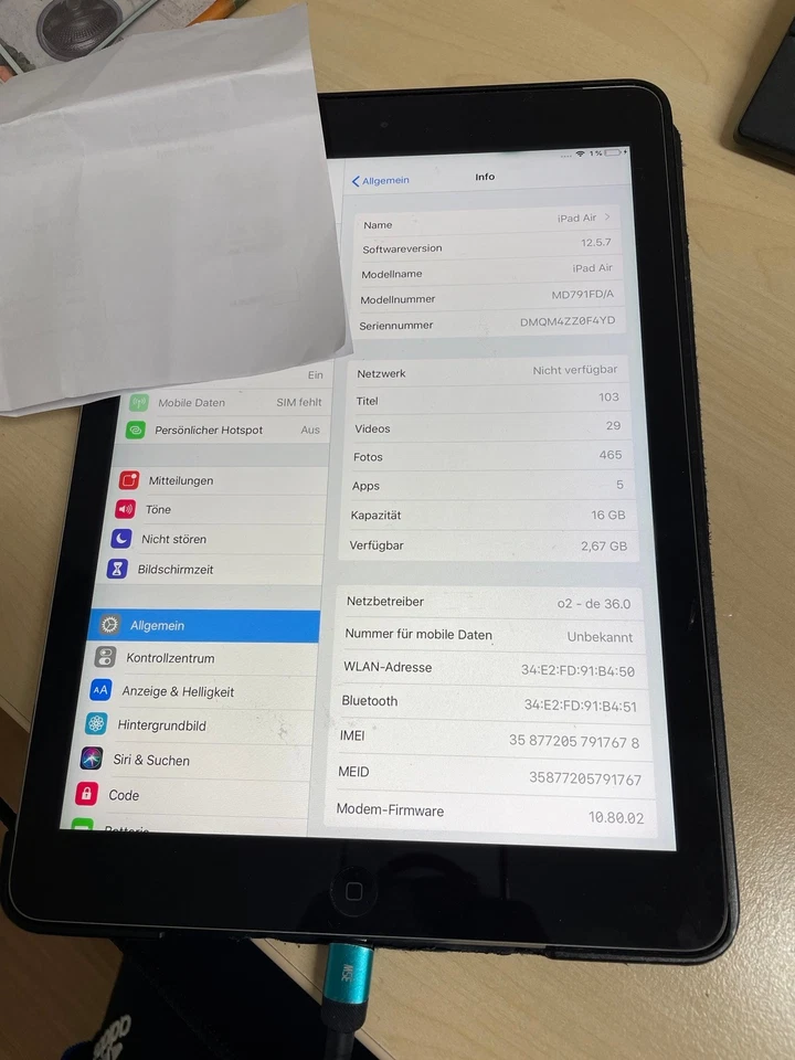 Apple iPad Air 1. Gen. 16GB, WLAN + Cellular (Vodafone), 24,64 cm, (9,7 Zoll) - - Bild 4 von 4