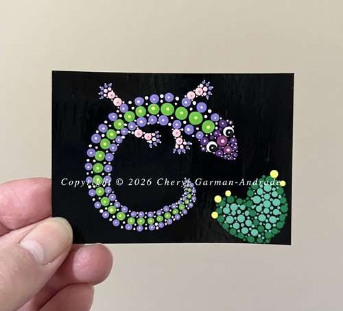 ACEO Original Dot Painting Whimsical Purple Lizard & Cactus by Cheryl Andrade