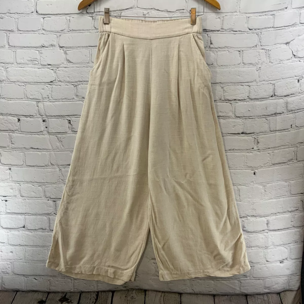 H M Linen Blend Pants Womens Sz 4 Cream Beige Culottes Stretch