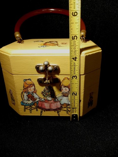 VTG Wooden Purse Handbag Lucite Handle Decoupage Octagonal With Butterfly Clasp - Picture 16 of 21