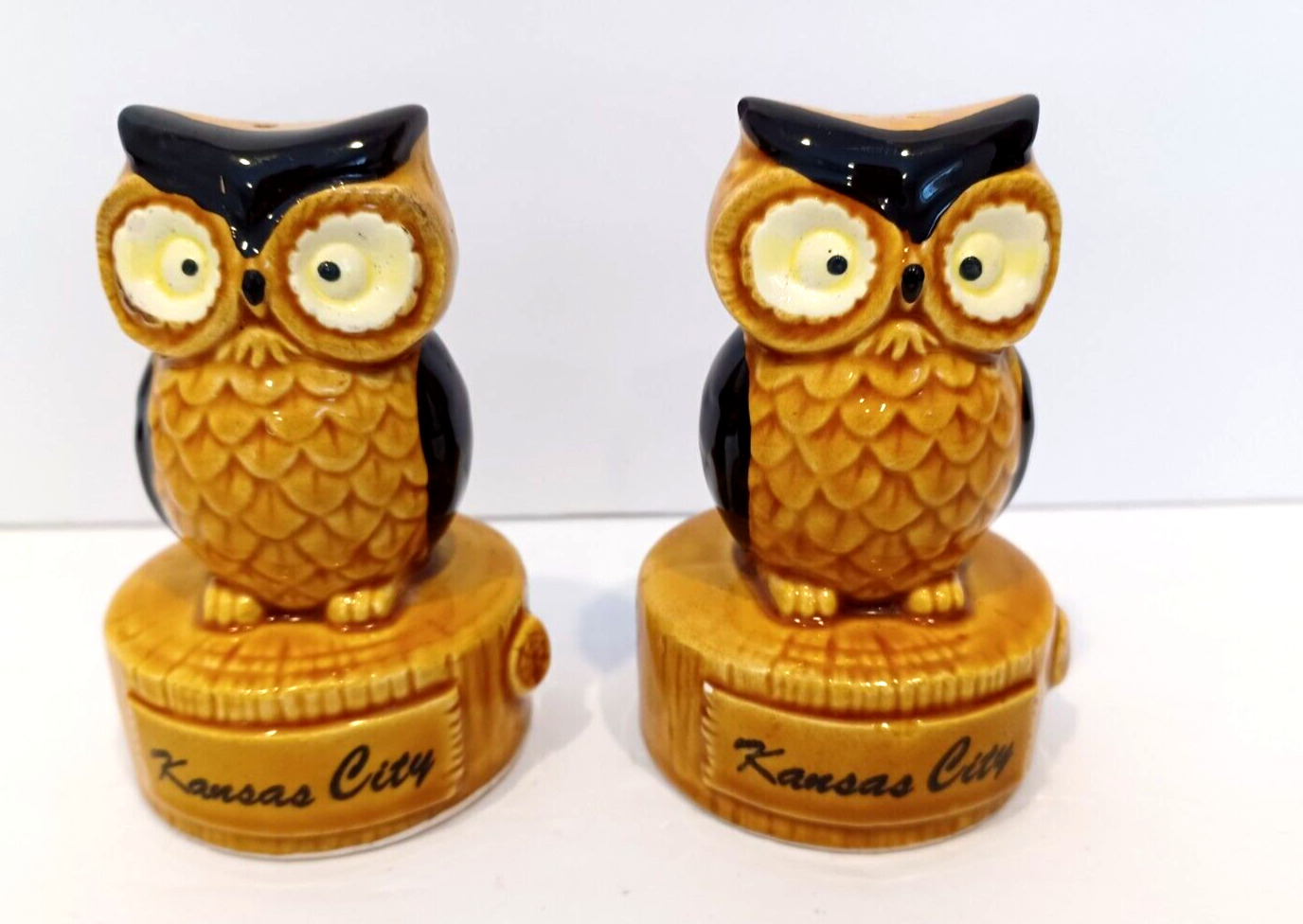 Vintage Ceramic Kansas City Owl Glazed Salt Pepper Shaker Set with