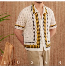 British Retro Mens Short Sleeve Knitted Hollow Out Crochet Button Up Shirts Tops