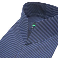 High Collar Men's Blue Black Stripes 100 Cotton Shirt High Open Tall 3'' Neck