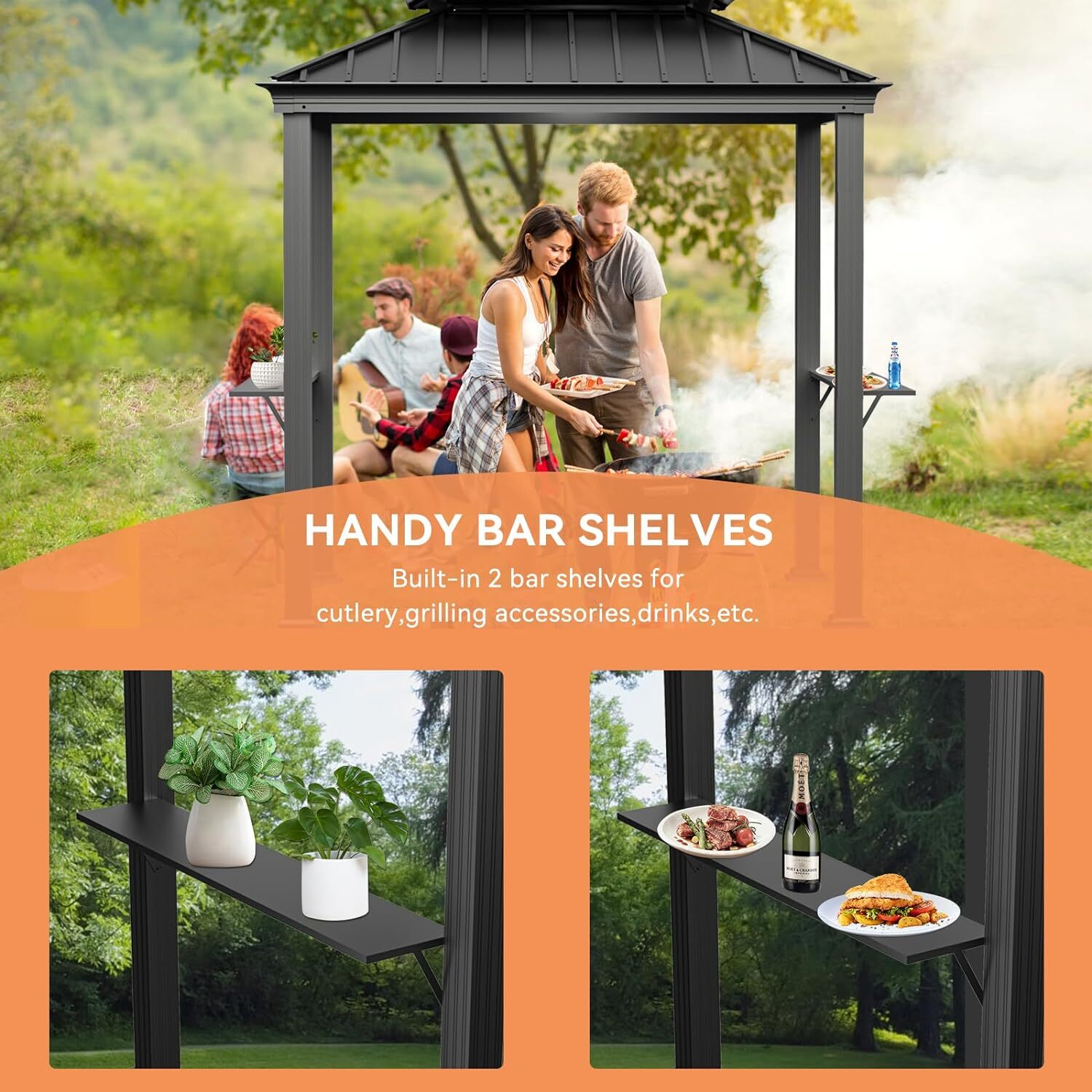 6' X 8' Grill Gazebo Hardtop Aluminum BBQ Gazebos w/ Shelves and