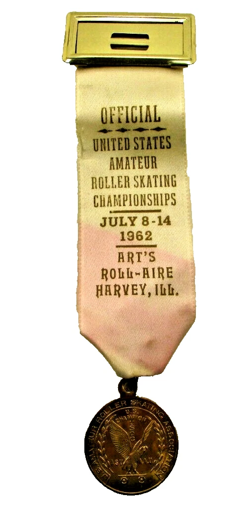 1962 US Roller Skating Championship Medal Ribbon Pin Arts Roll-Aire Harvey ILL