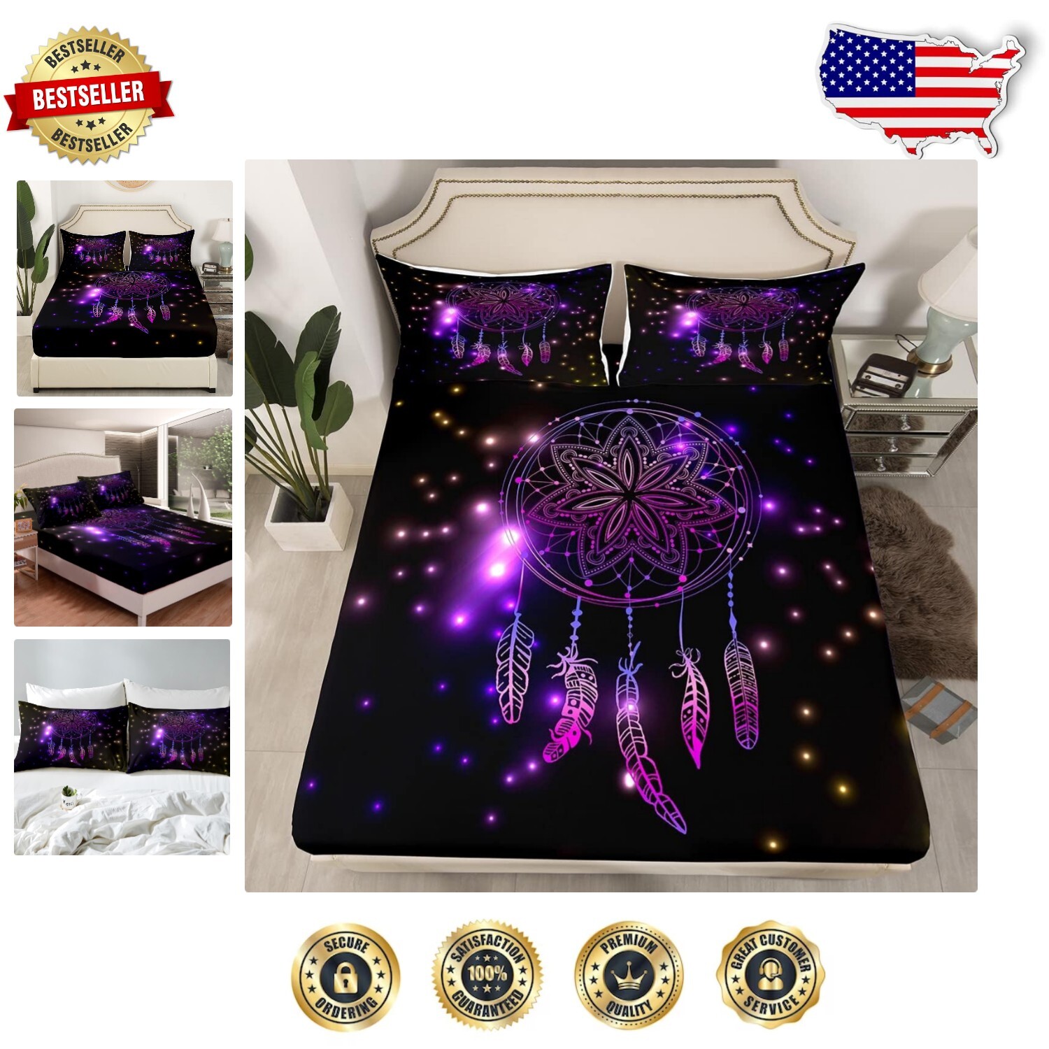 Boho Mandala Dreamcatcher Fitted Sheet Set for Queen Size Beds - 3 Piece