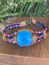 Vintage Artisan Boho Braided leather Bracelet with Blue glass accent J15