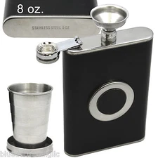 Black FLASK Builtin Collapsible SHOT GLASS Stainless Steel Screw Cap Hip Pocket