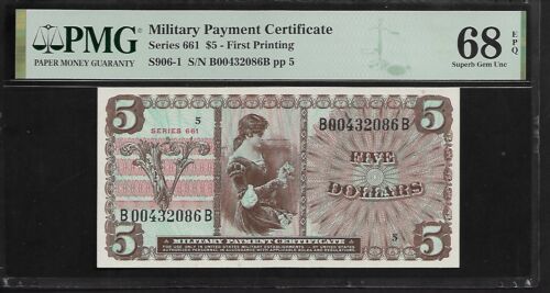 US Military Payment Certificate 5 Dollars Series 661 PMG 68 EPQ UNC S906-1