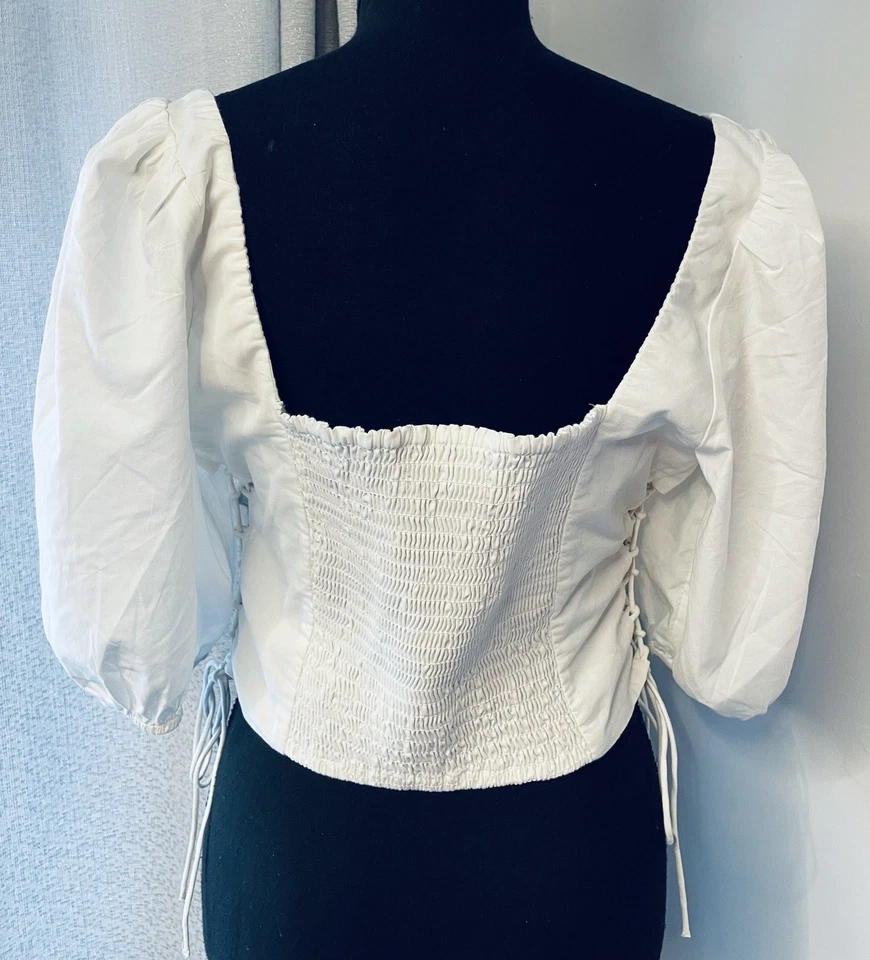 Camisa Abercrombie & Fitch Para Mujer Grande Blanca Calada Lechera Corbatas Laterales Boho Foto 3 de 4