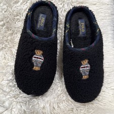POLO RALPH LAUREN Charlotte Bear Women's Fleece Scuff Slippers Size 8 Black