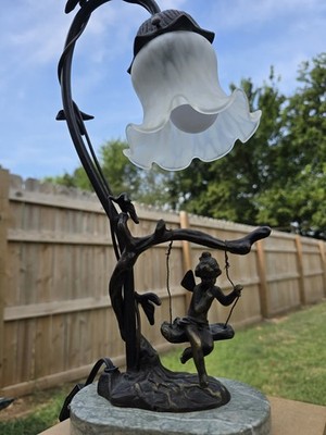 Vintage Art Nouveau Style Fairy Swing Lamp Metal Sculpture Marble Base 15''