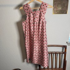 Tory Burch Pink Red Bird Floral 100% Silk Shift Dress Size 4 12151415 Sleeveless