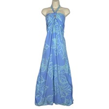 Eloquii Halter Maxi Dress Womens 22 Blue Tropical Leaf Print Rayon Summer Boho