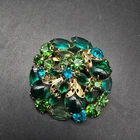 Green Teal Rhinestone Round Brooch Gold Tone Vintage Glam Costume Jewelry