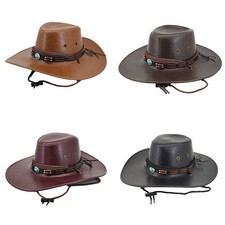 Women Men Western Cowboy Hat Faux Leather Belt Cowgirl Costume Cap Wide Brim