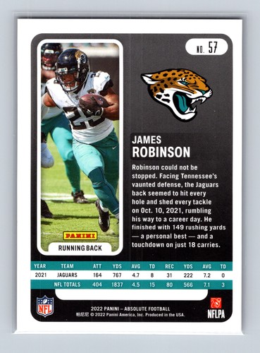 James Robinson Jacksonville Jaguars 2022 Panini Absolute #57 Red Squares #/499 - Afbeelding 2 van 2