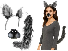 Big Bad Wolf Ears Tail Mini Nose Mask Werewolf Animal Wolfman Costume Kit Set