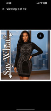 Say What? Women's S Rhinestone Embellished Bodycon LS Dress Black Stretchy