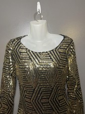 Dyzarni Dress Womens Medium Gold Sequin Geometric Backless Long Sleeve Mini