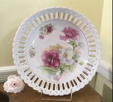 Antique Reticulated Porcelain Bowl 10" Pink Roses Pierced Eyelet Cottage Core