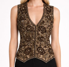 Carolina Herrera Runway Vintage Beaded Silk Vest Top Gold Brown Floral Womens 8