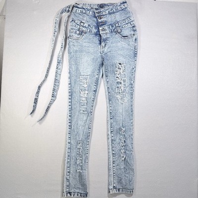 VTG Y2K JC JQ Jeans Acid Wash Distressed Denim High Waist Overalls Junior Sz 7