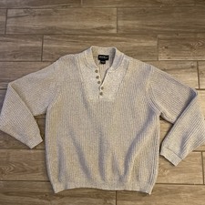 Vintage Eddie Bauer Sweater Mens Large Beige Cotton Henley Knit Pullover