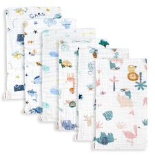 Maliton Muslin Baby Burp Cloths 6 Pack Large 20''x10'' 20"X10", White Animals 