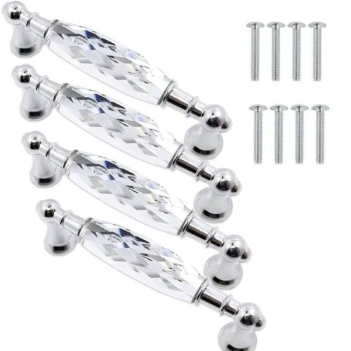 4-Pack Glass/Chrome Dresser Drawer Handles/Clear Pulls 3.78" Center /Center Hole