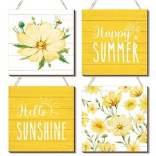 Hello Summer Wood Sign 4 Pcs 7.87 x 7.87 Inch Rustic Farmhouse Wall Decor