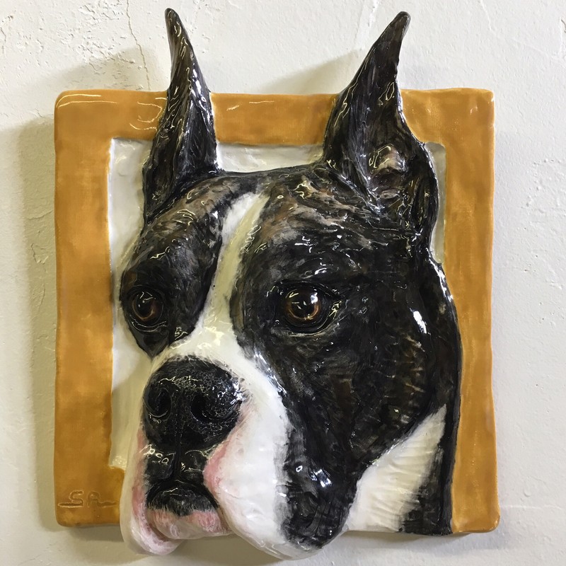 Boxer Ceramic Dog Portrait 3D Tile wall hanging handmade sculpture Alexander Art