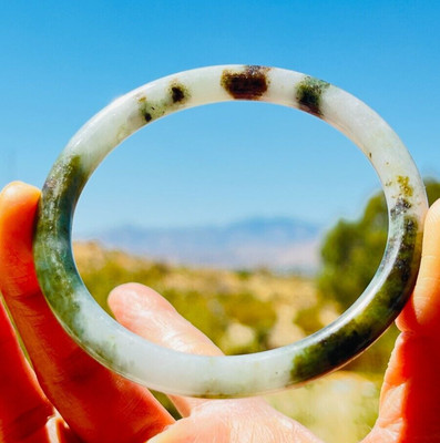 Green & White Burmese Type A Jadeite Bangle Authentic Natural Jade Bracelet 63mm