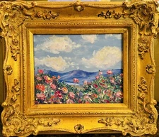 KADLIC Original Oil Painting Wildflowers Seascape Impasto Gold Gilt 15" Frame