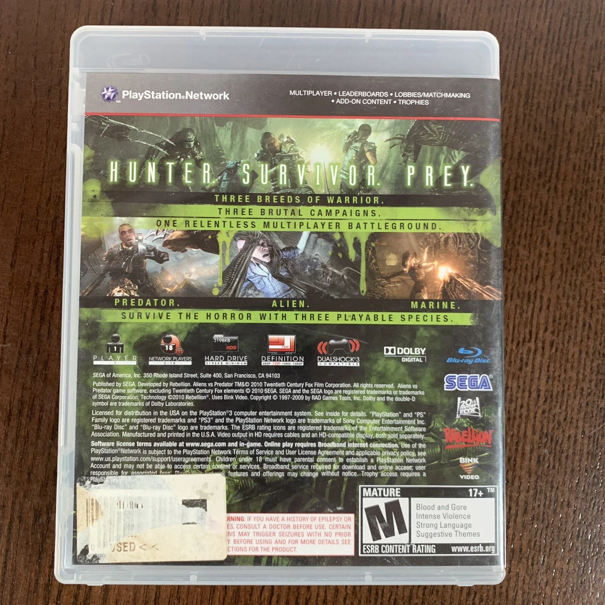 PS3 Video Game Aliens vs Predator Rebellion with Manual WORKS