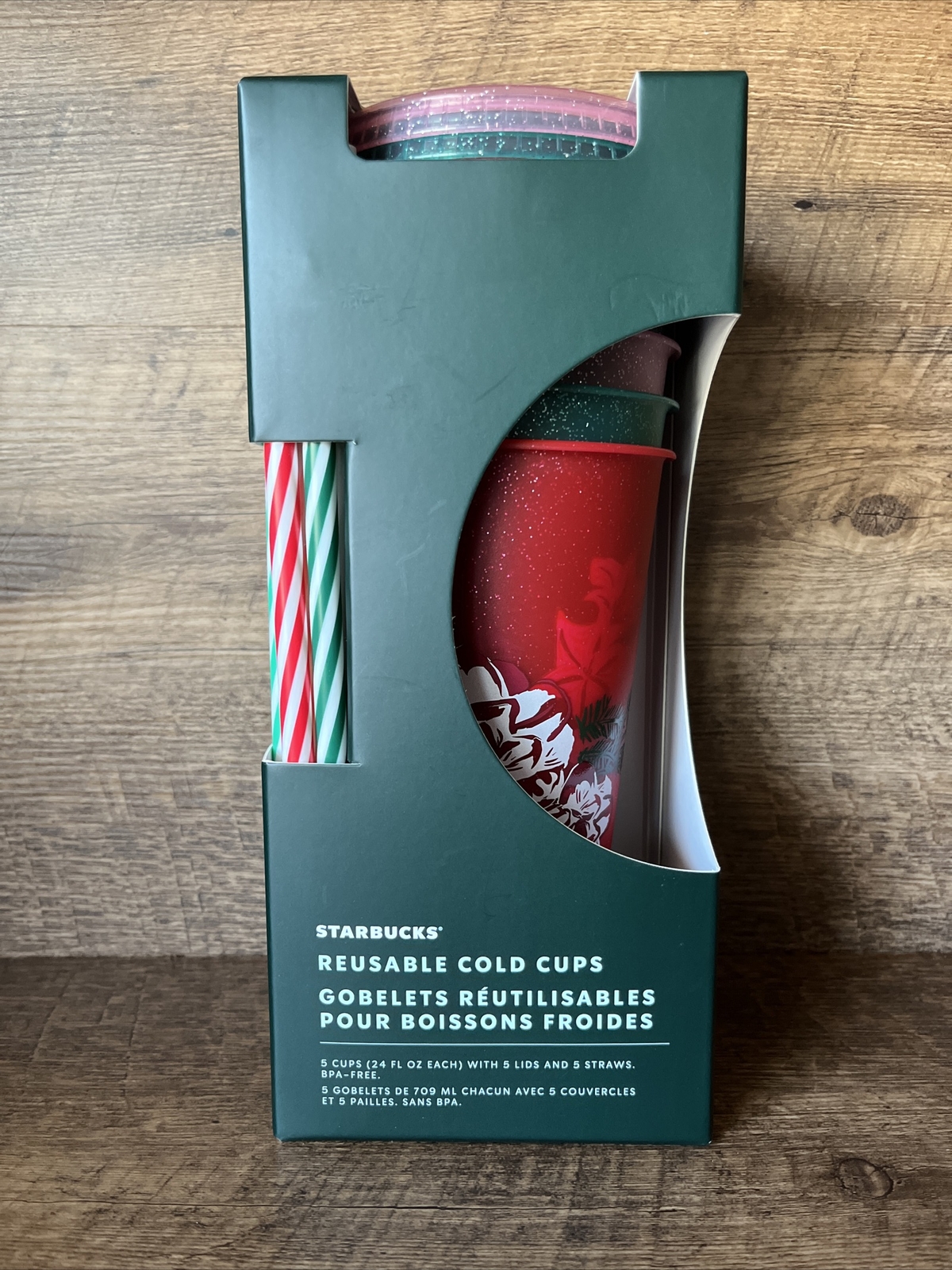 Starbucks Elegant Floral Christmas Reusable TO GO Cold Cups 5 pk Straws Lids NEW
