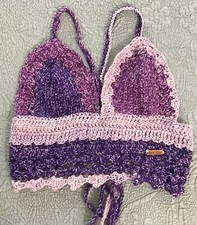 Crochet Knit Cropped Halter Top Hippie Stitch Y2K Bohemian Lavender Sz Small