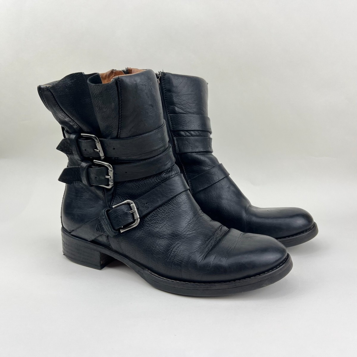 Alberto Fermani Triumvirate Moto Biker Black Leather Ankle 
