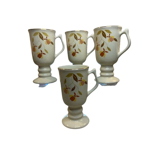 4 HALL CHINA 1966 AUTUMN LEAF JEWEL TEA FOOTED PEDESTAL IRISH COFFEE MUGS-6.25"