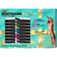 New BIC BodyMark Temporary Tattoo Kit, 9 Markers 6 Stencil Sheets