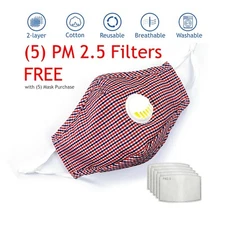 [5 PCS] 100% Cotton Valve Red/Blue Face Mask with 5 FREE Filters Reusable 