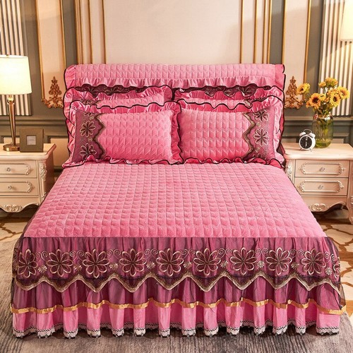 Luxury Winter Crystal Velvet Thicken Quilted Bedspread Flannel Bed Skirt - Picture 22 of 26